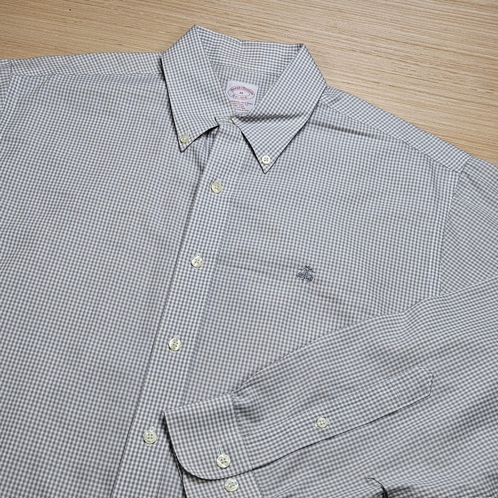 Brooks Brothers Gingham Button Down Shirt Mens M Grey Non-Iron Traditional Fit